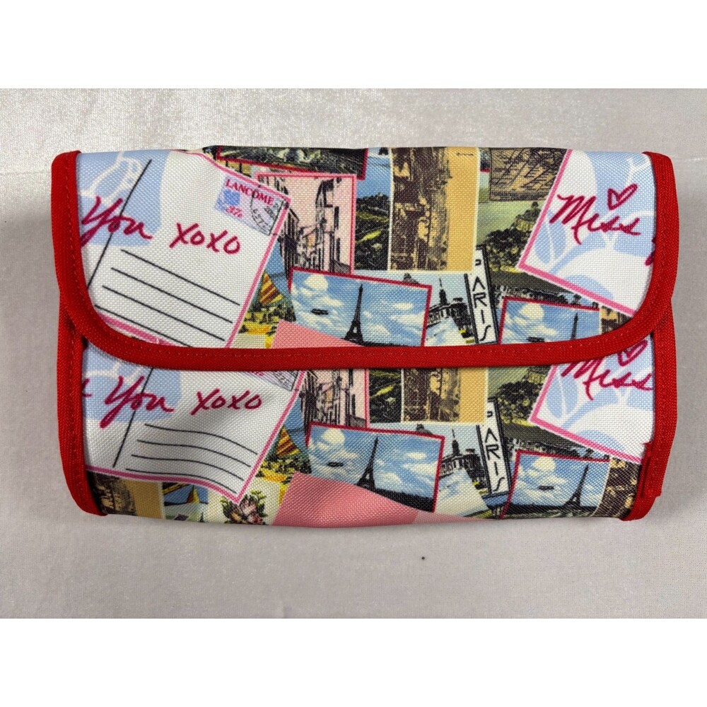 Lancome Paris Travel Cosmetic Organizer Makeup Bag Fold Out Red Pink